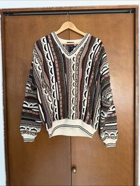 Men's V-Neck Patterned Sweater - Cream, Brown & Burgundy